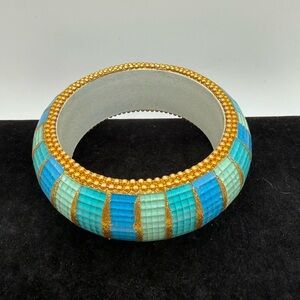 Chunky Boho Micro Glass Tile Statement Bangle Bracelet – Turquoise & Gold